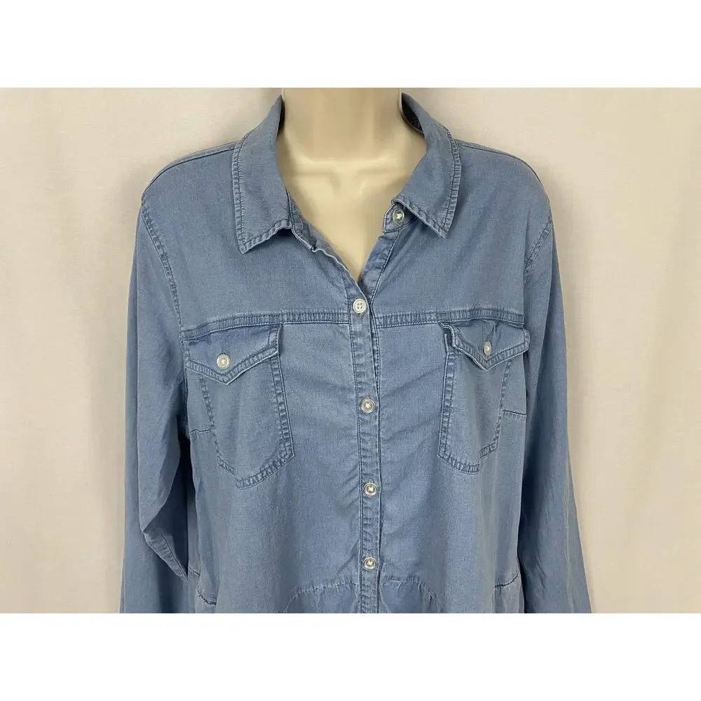 Belle BOHO Kim Gravel Chambray Dress Large Blue Denim Tiered Pockets Ruffle - Picture 2 of 13
